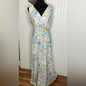 1970’s Floral Blue and Tan Women's Maxi Dress Size 10